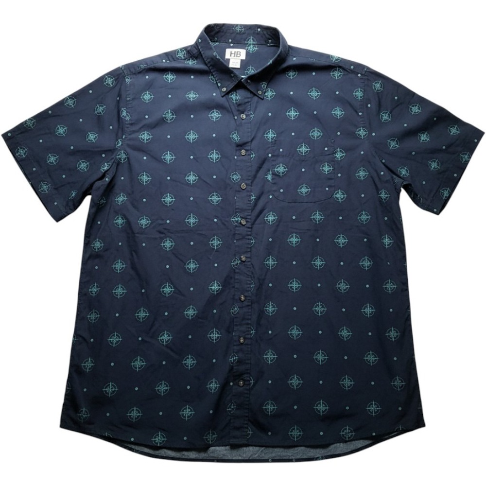 HB Shirt Mens 4XLT Blue Nautical Compass Print Short Sleeve Button-Up Casual